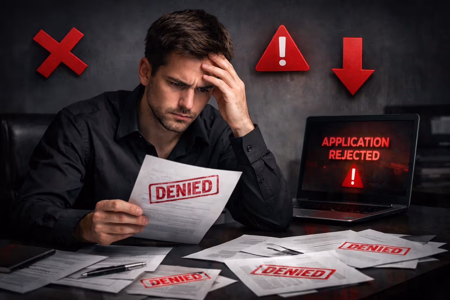 Student facing loan application rejection with denied stamp and error symbols