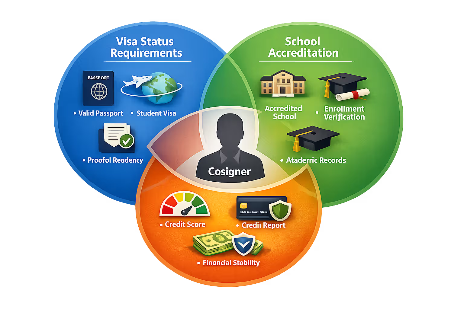 Requirements diagram showing visa status, accreditation, and credit history for international student loans