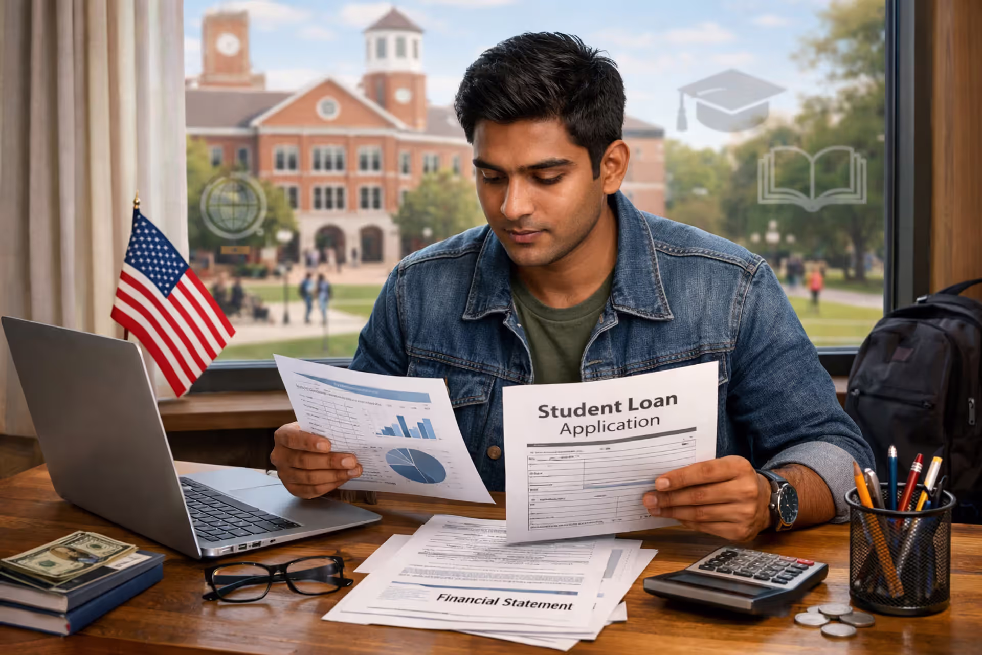 International student reviewing loan documents at desk with university campus in background