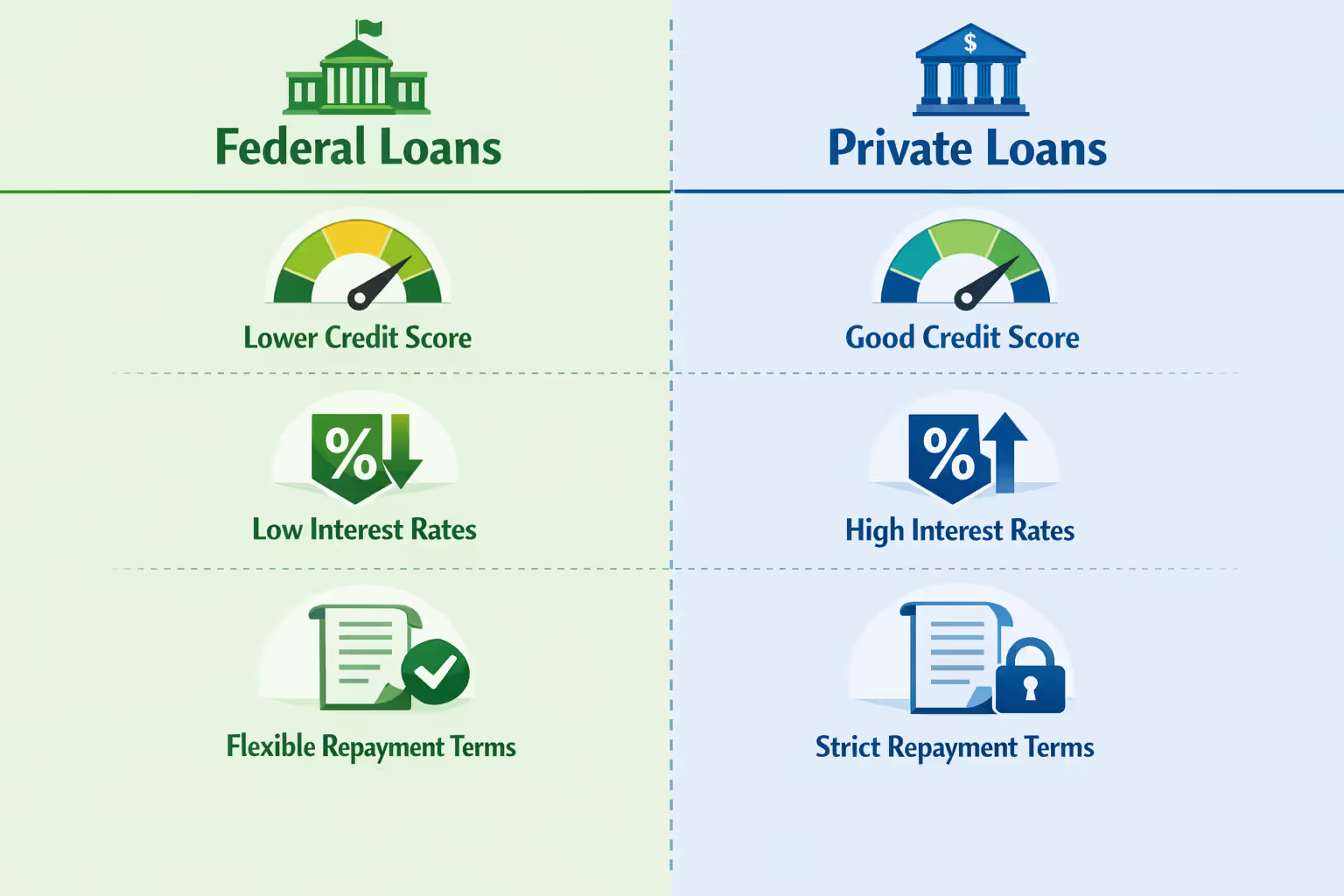 Comparison infographic showing federal vs private student loans with credit requirements and interest rates