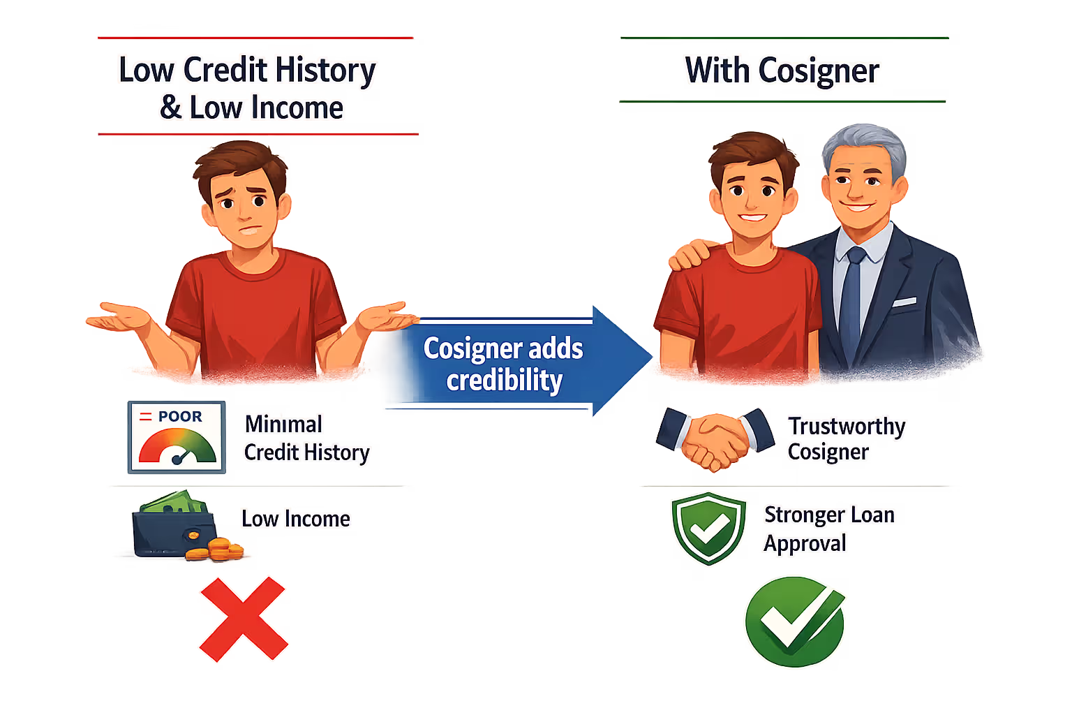 Side-by-side comparison showing student without cosigner marked with X and student with cosigner marked with checkmark