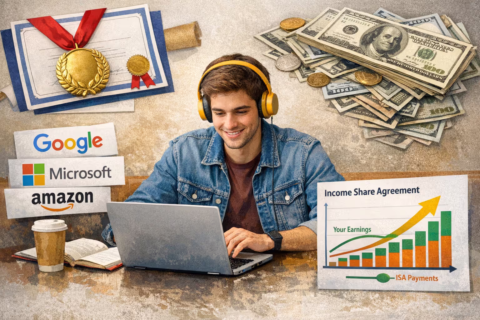 Collage of alternative college financing sources including scholarships, grants, work-study, employer assistance, and income share agreements