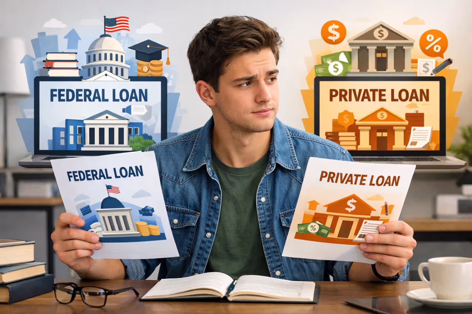 Student comparing federal and private student loan options