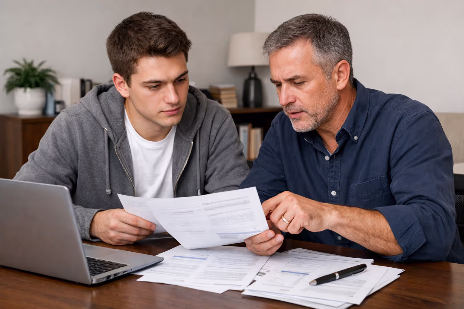 Student and parent reviewing loan documents together