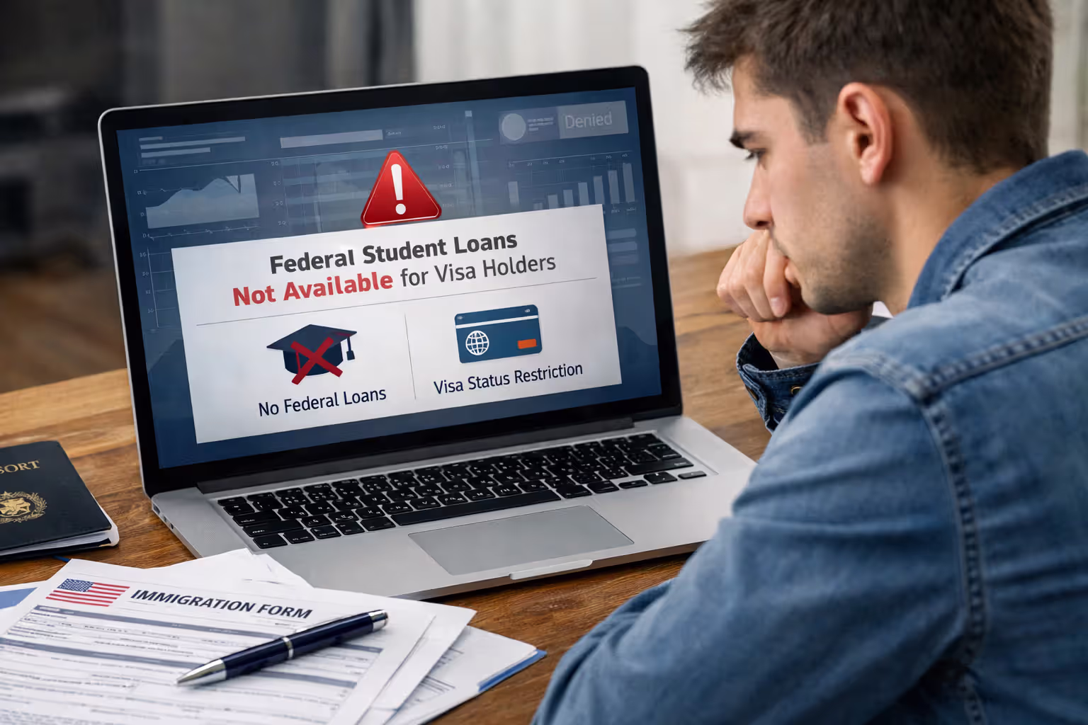 International student reviewing loan and visa documents at a desk