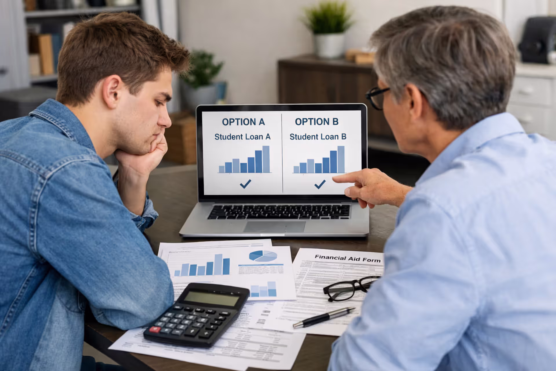 Student and parent comparing college loan options at a table with laptop and paperwork