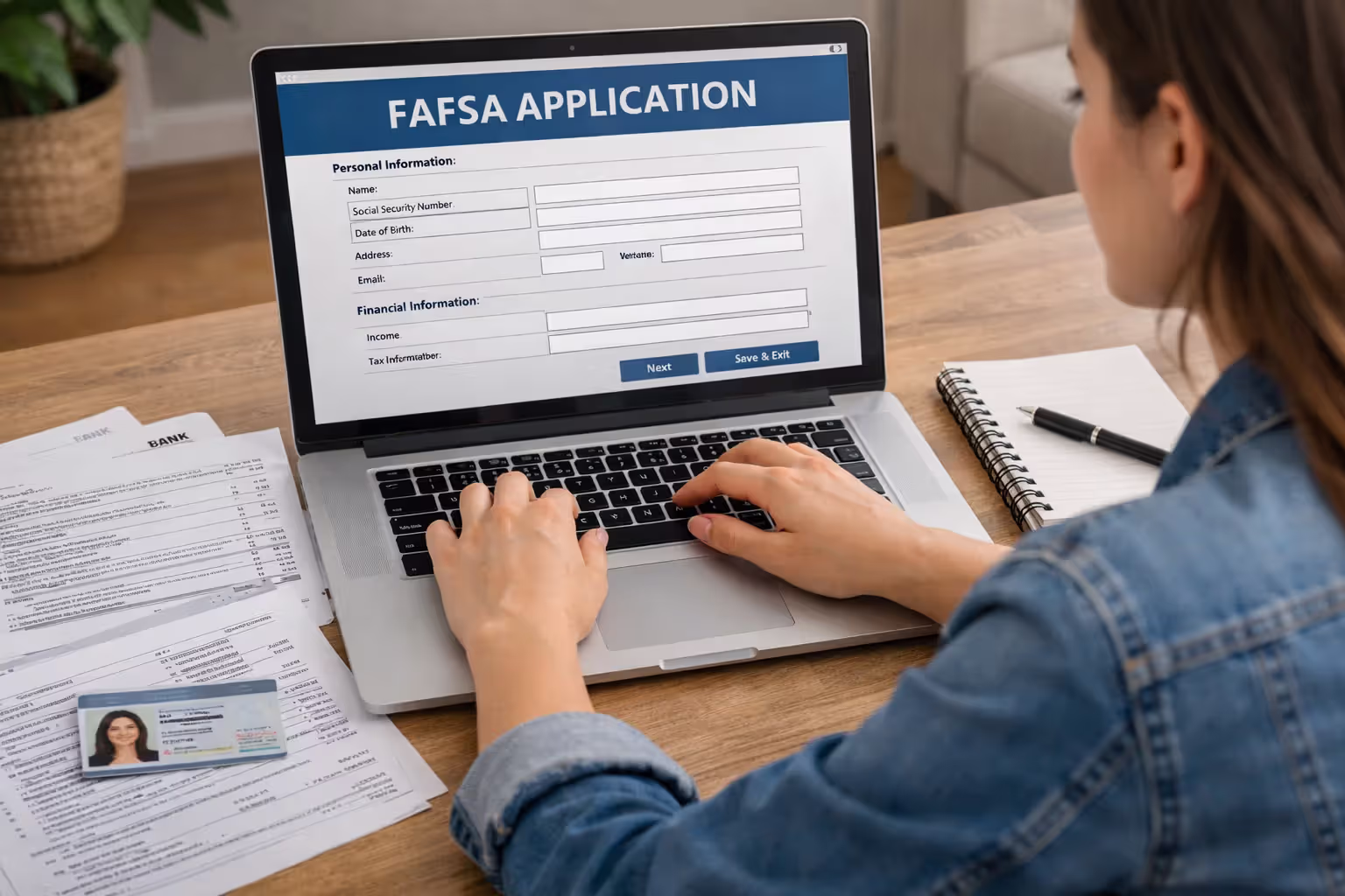 Student preparing documents and filling out a financial aid application online