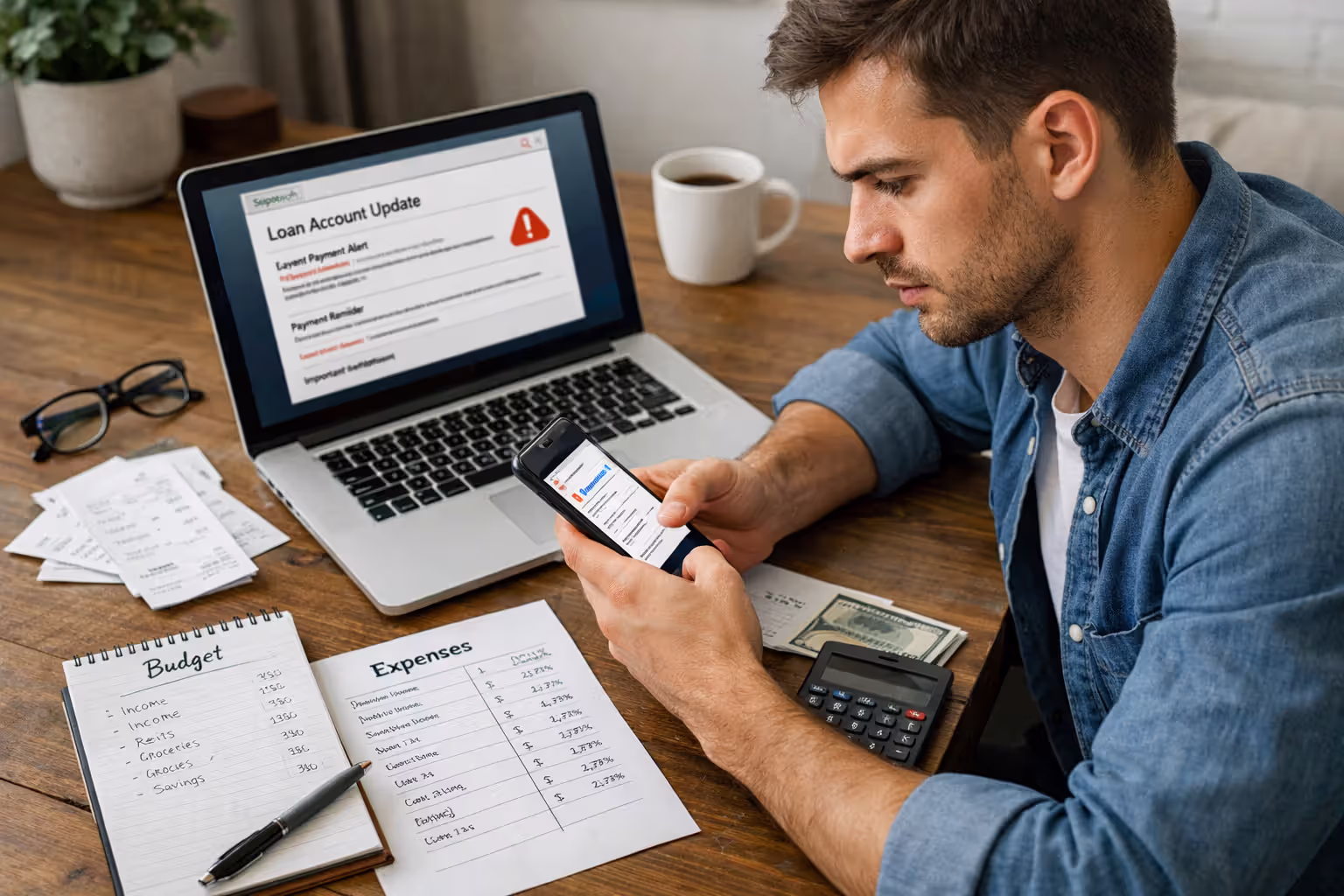 Young borrower checking student loan account updates and budget notes