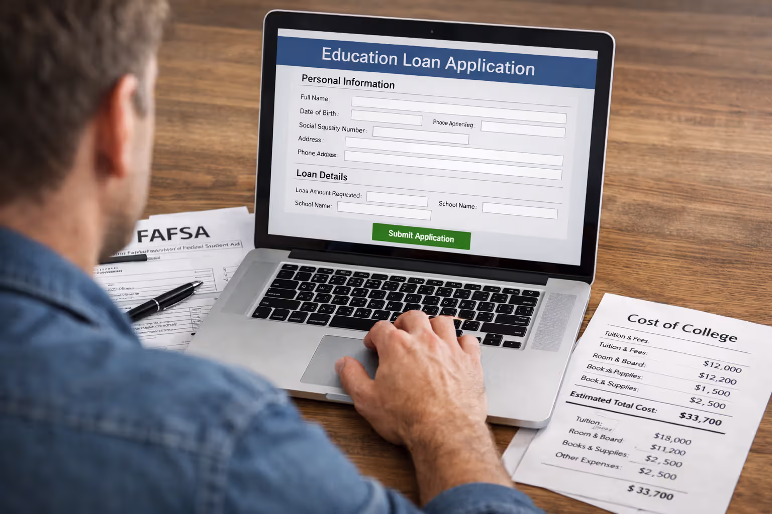 Parent applying for a college loan on a laptop with financial documents