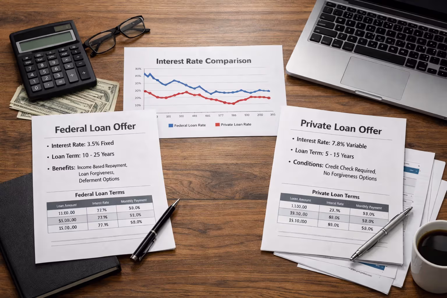 Comparison of federal and private parent loan options on a desk