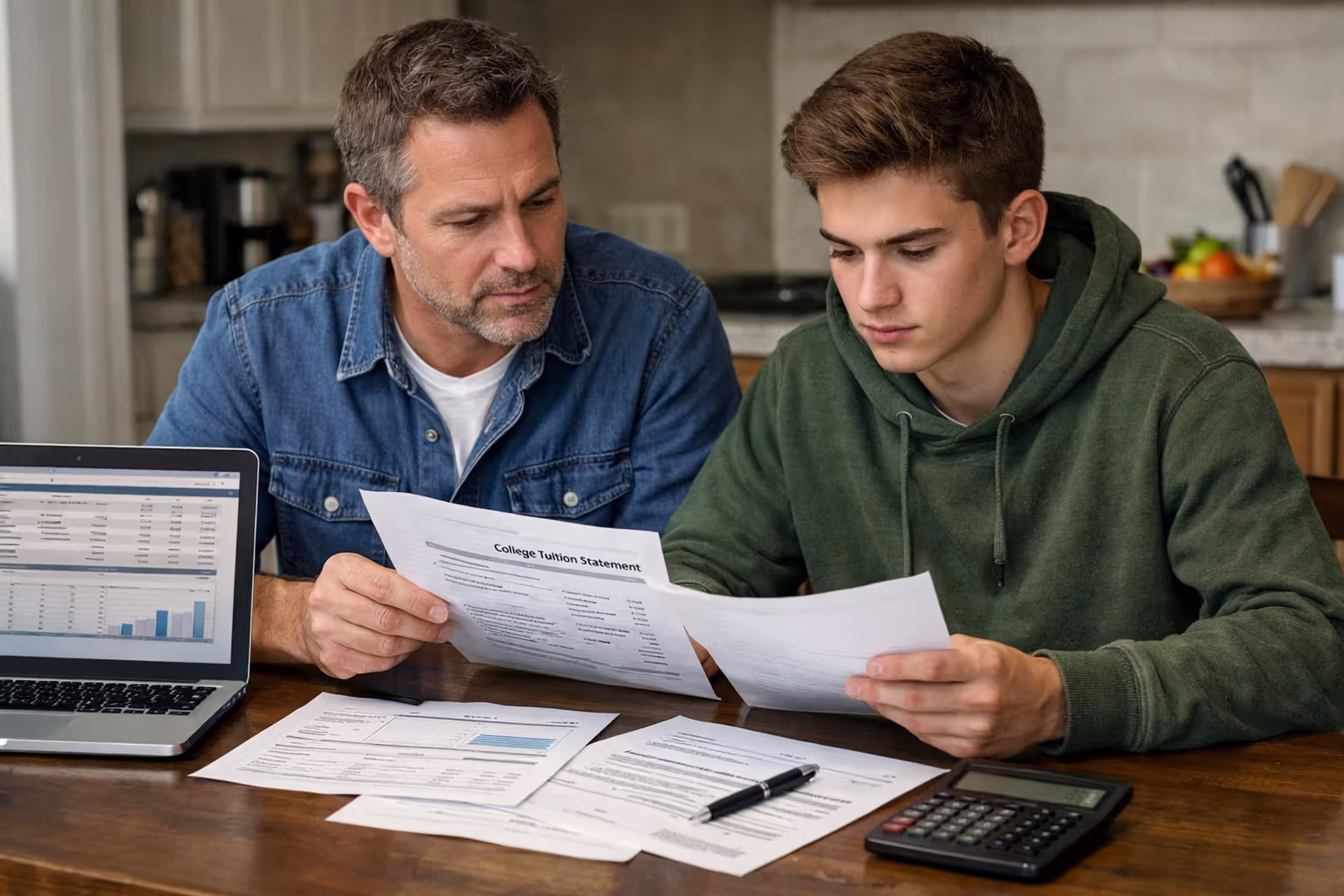 Parent and college student reviewing tuition bills and loan documents at home