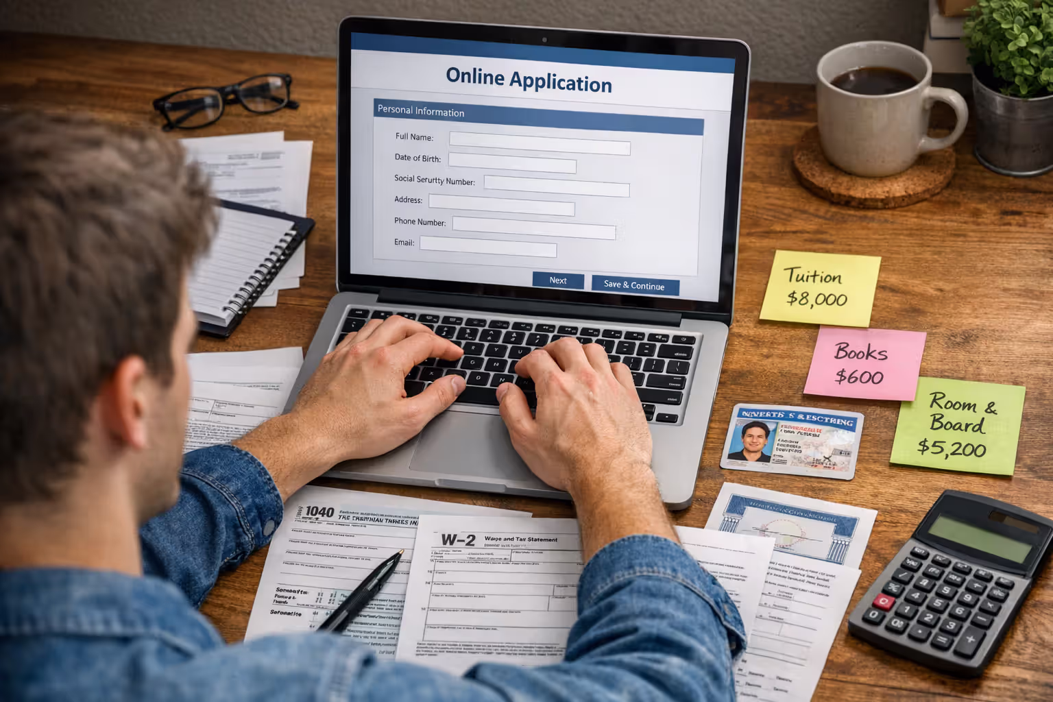 Student completing a financial aid or loan application online