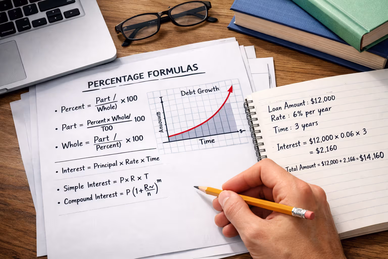 Calculator and notes showing student loan interest calculations