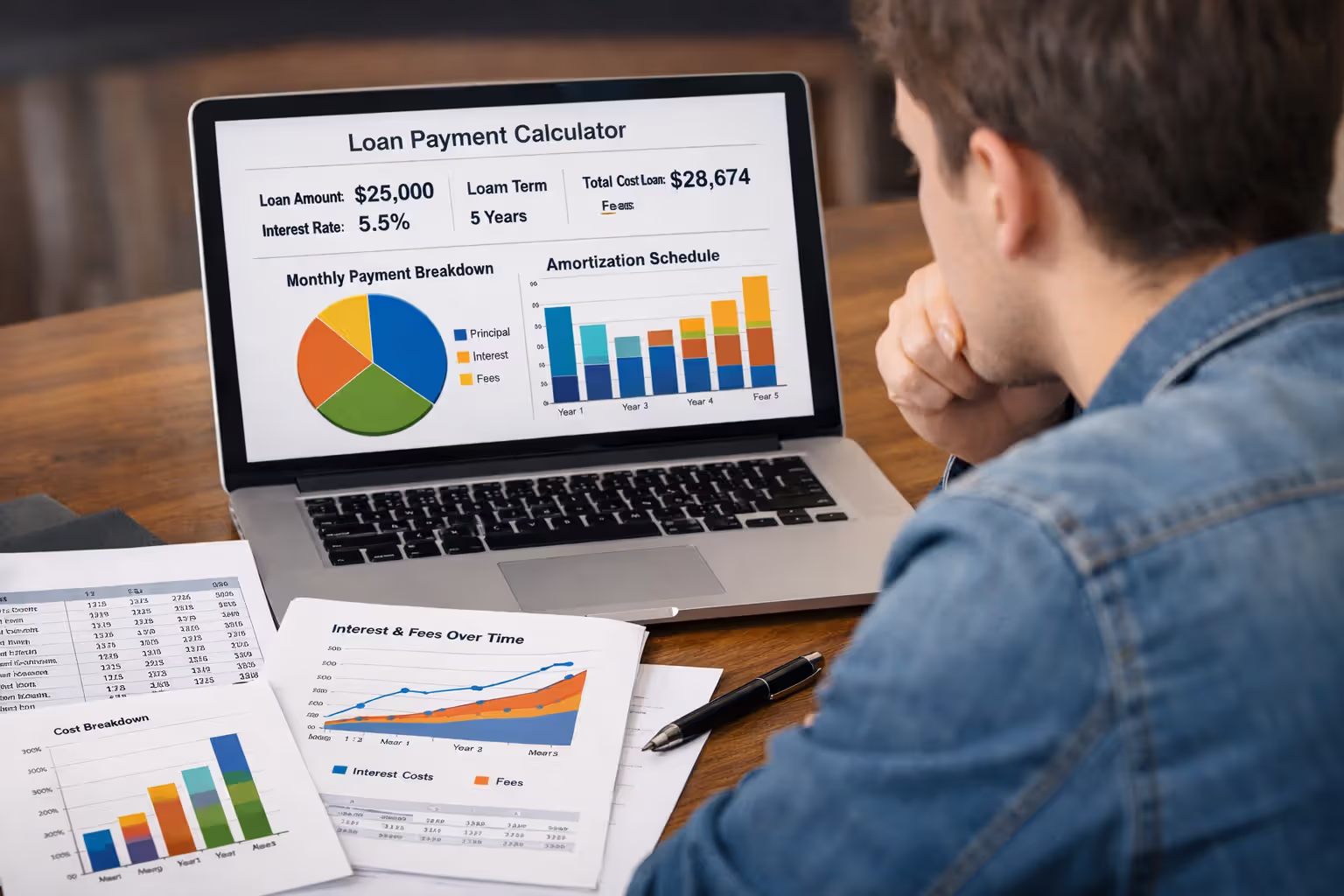 Student calculating graduate loan interest rates and fees