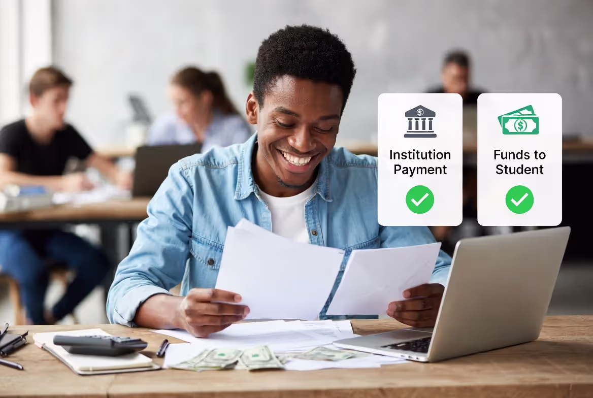 Student checking tuition payment and remaining education funds